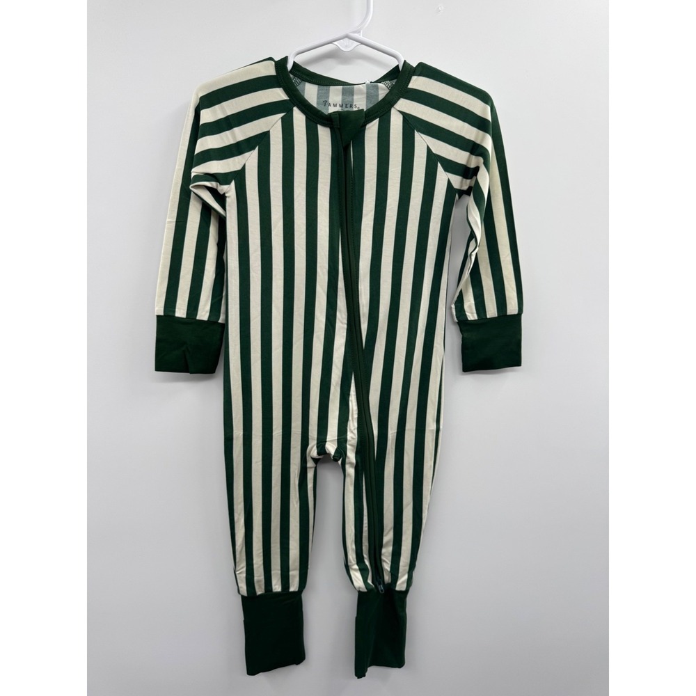 NWT In My Jammers Zipper Romper Kids 18-24 M Green White Stripe Long Sleeve